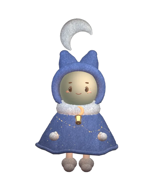 Glim, a small hooded creature with a crescent moon above its head and a lantern on its collar
